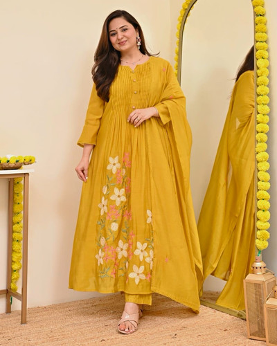 Yellow mull cotton kurta set - mull,